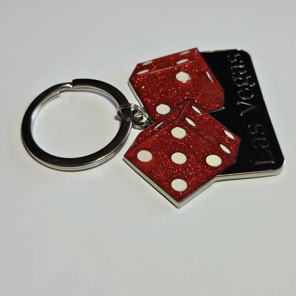 Silver Tone Metal Key Ring Las Vegas Red Glitter Enamel Dice Black Enamel